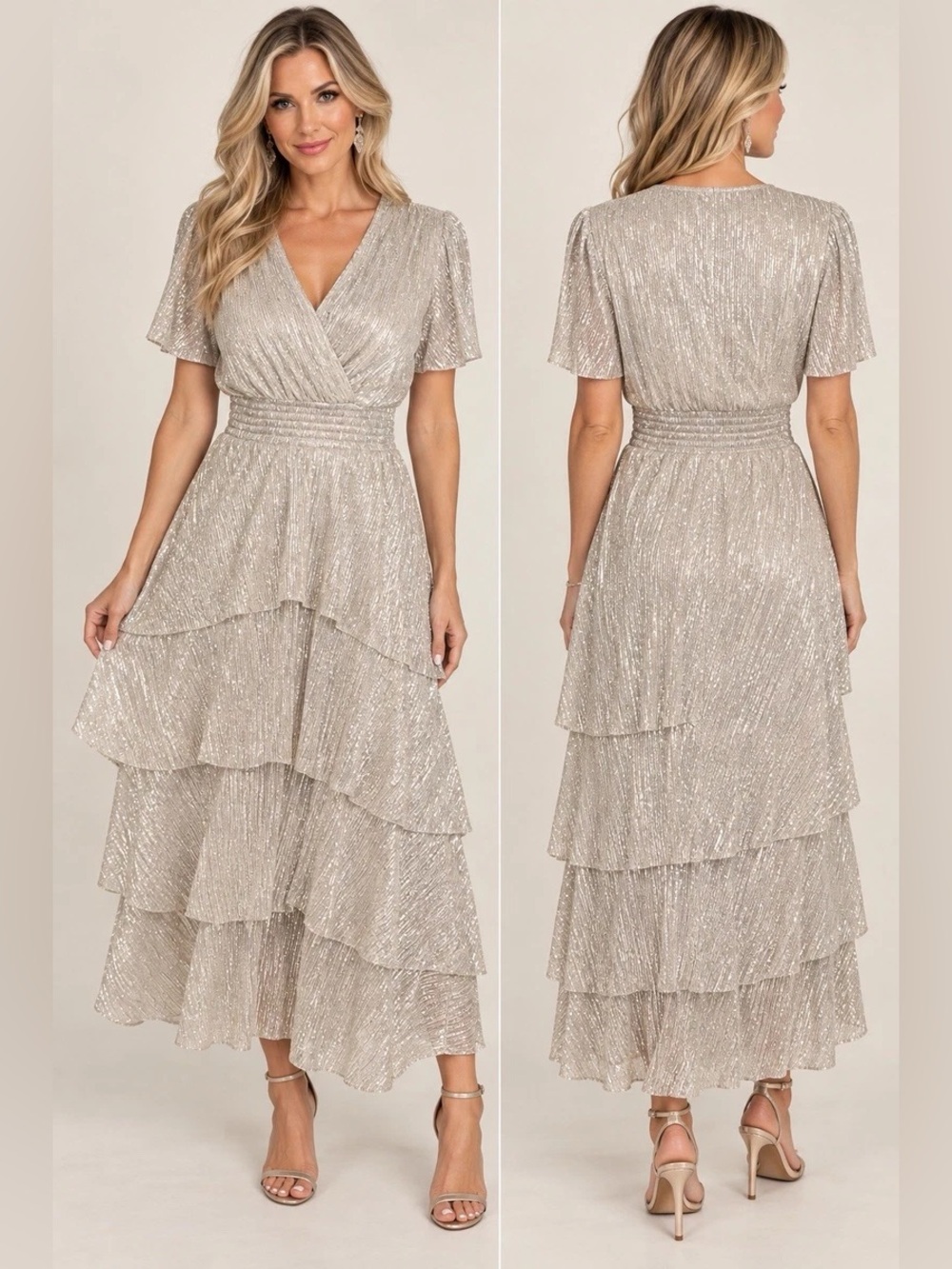 🆕 Vince Camuto champagne metallic tiered midi dress